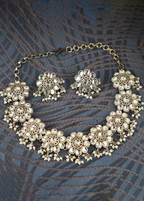 Silver Tone Brass Set Of Necklace And Earrings - Indian Silk House Agencies