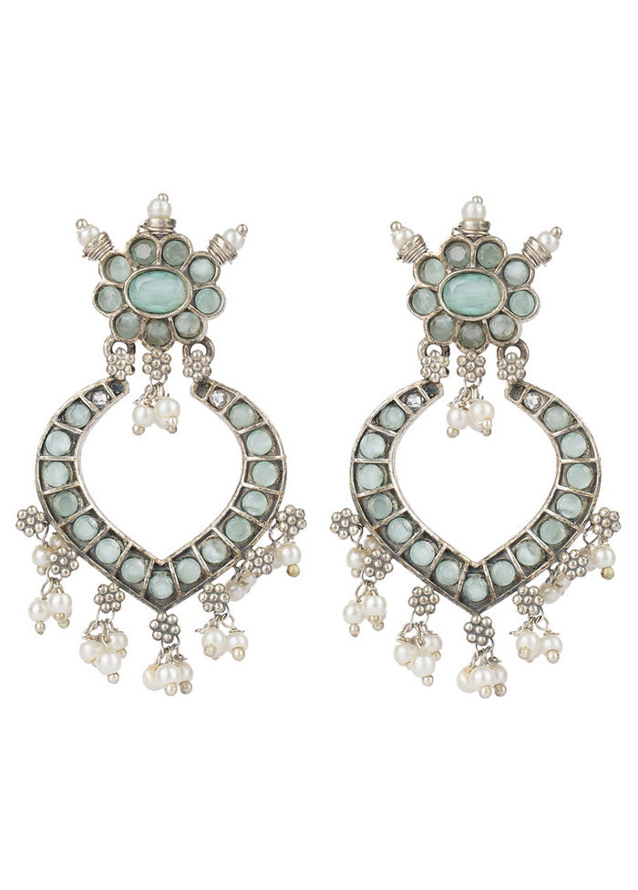 White Beads Pattern Silver Tone Brass Earrings - Indian Silk House Agencies