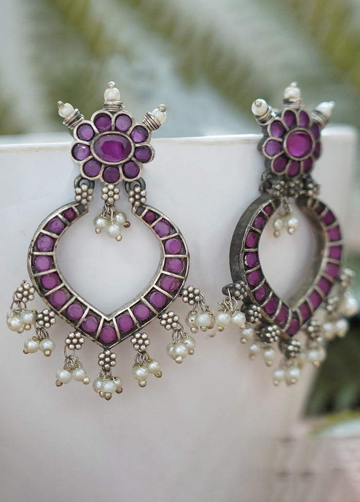 White Beads Pattern Silver Tone Brass Earrings - Indian Silk House Agencies