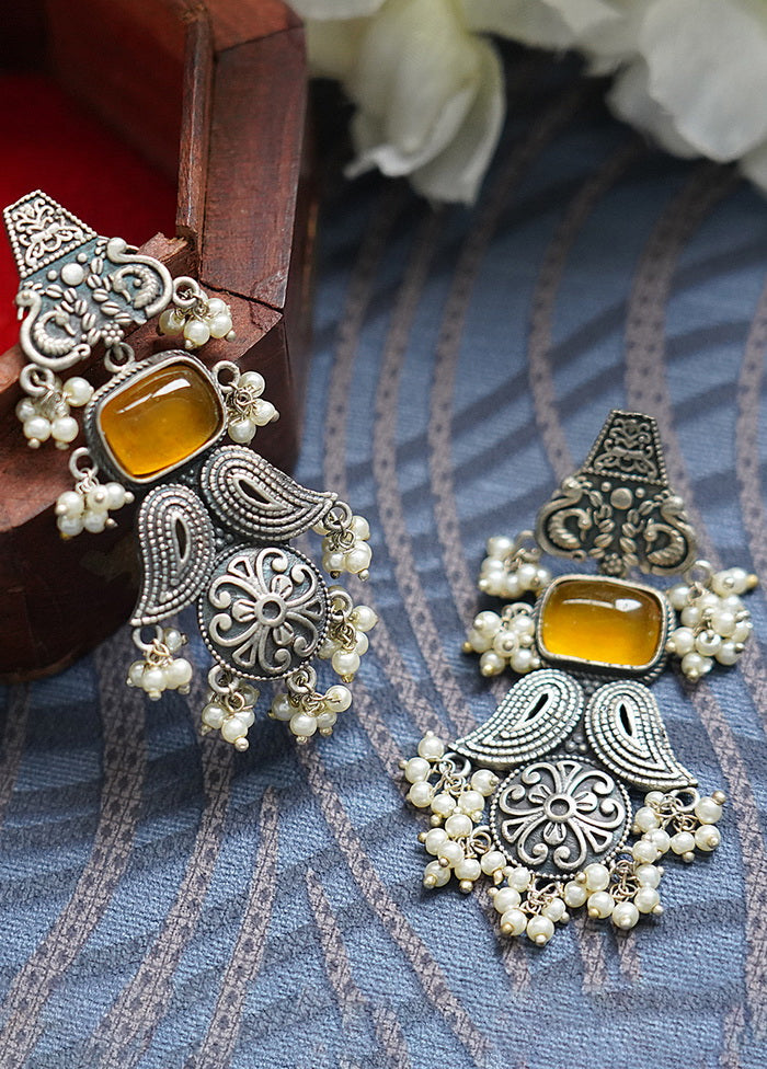 White Beads Style Silver Tone Brass Earrings - Indian Silk House Agencies