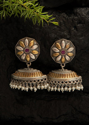 White Beads Style Dual Tone Brass Jhumka - Indian Silk House Agencies