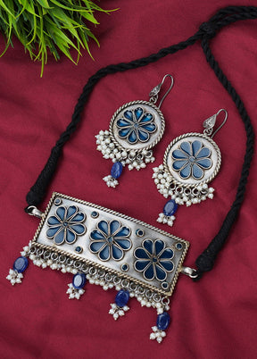 Silver Tone Brass Set Of Necklace And Earrings - Indian Silk House Agencies