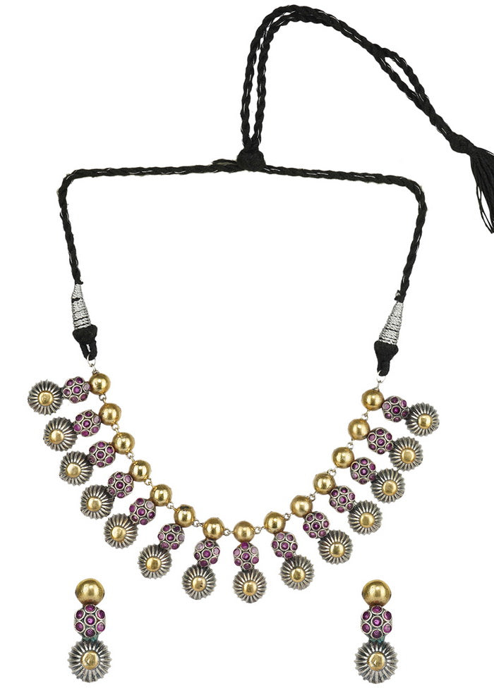 Silver Tone Brass Set Of Necklace And Earrings - Indian Silk House Agencies