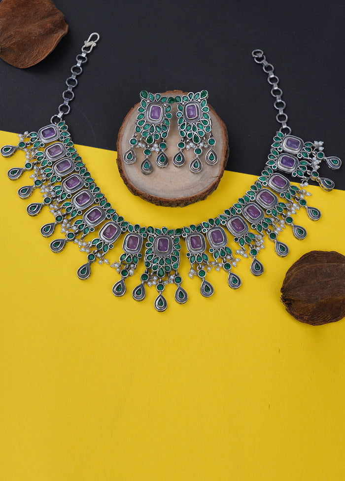 Silver Tone Brass Set Of Necklace And Earrings - Indian Silk House Agencies