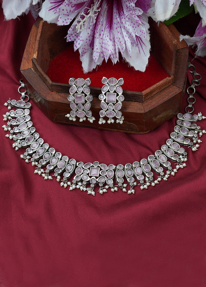 Silver Tone Brass Set Of Necklace And Earrings - Indian Silk House Agencies