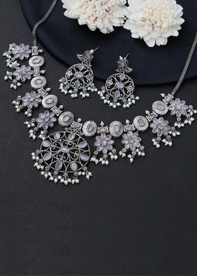 Silver Tone Brass Set Of Necklace And Earrings - Indian Silk House Agencies