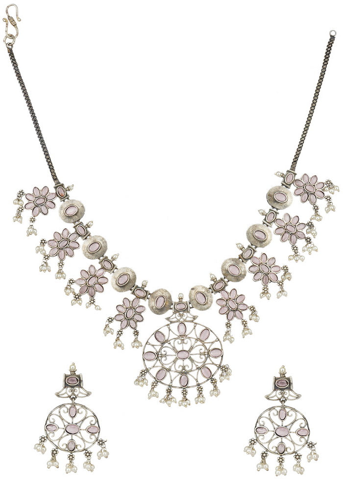 Silver Tone Brass Set Of Necklace And Earrings - Indian Silk House Agencies