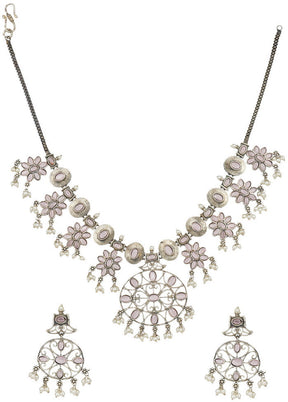 Silver Tone Brass Set Of Necklace And Earrings - Indian Silk House Agencies