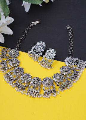 Silver Tone Brass Set Of Necklace And Earrings - Indian Silk House Agencies