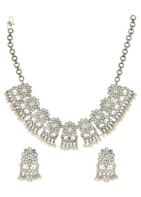 Silver Tone Brass Set Of Necklace And Earrings - Indian Silk House Agencies