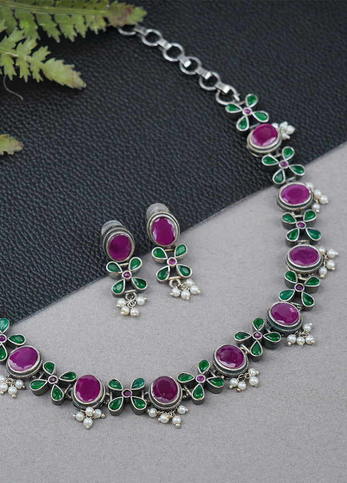 Silver Tone Brass Set Of Necklace And Earrings - Indian Silk House Agencies