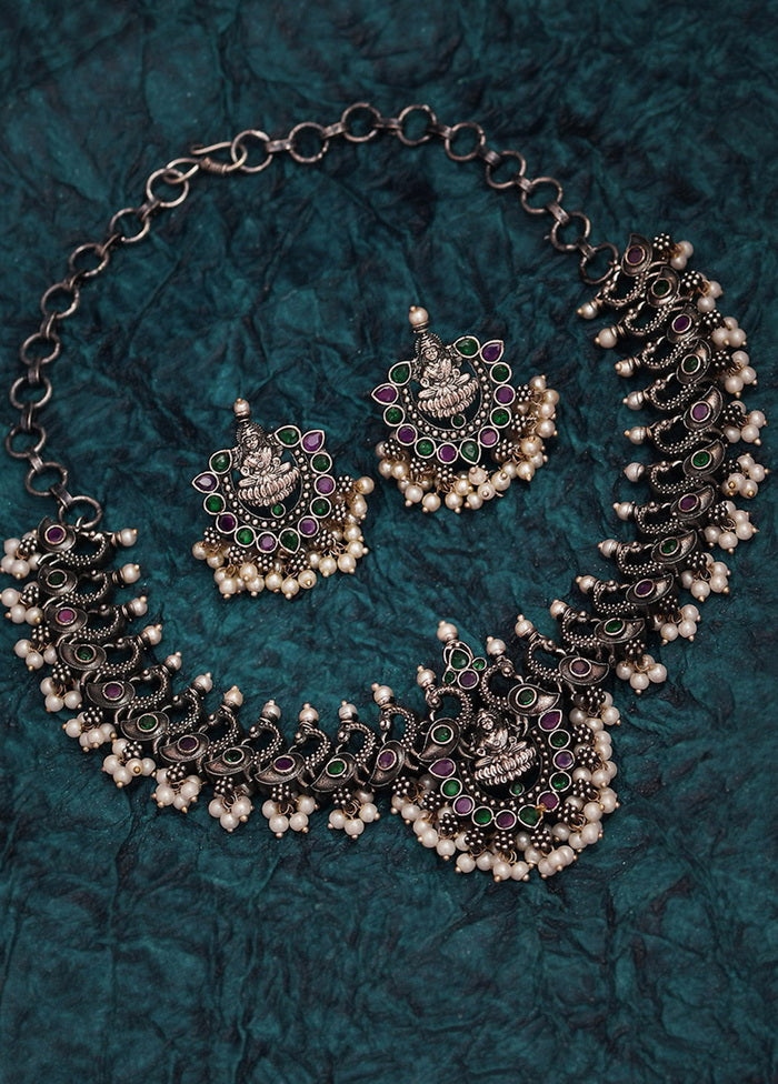 Silver Tone Brass Set Of Necklace and Earrings - Indian Silk House Agencies