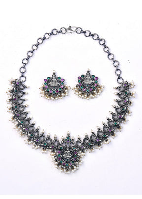 Silver Tone Brass Set Of Necklace and Earrings - Indian Silk House Agencies