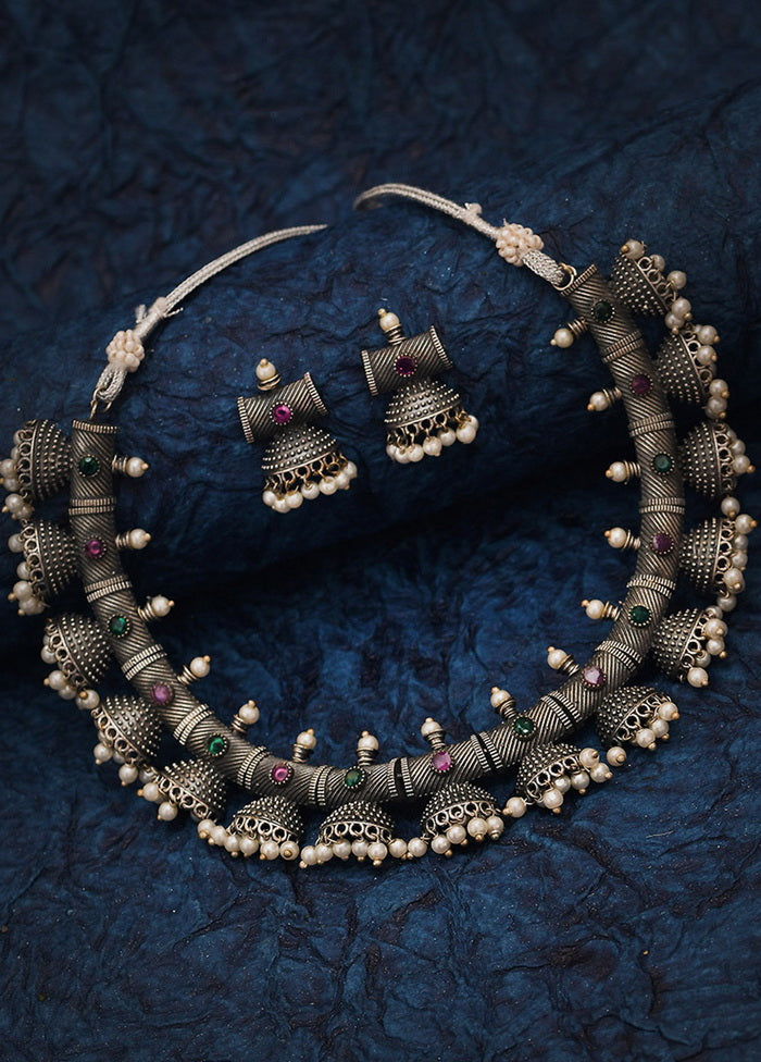 Silver Tone Brass Set Of Necklace and Earrings - Indian Silk House Agencies