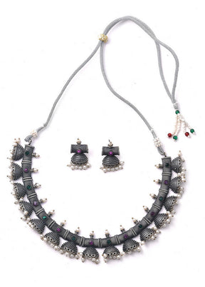 Silver Tone Brass Set Of Necklace and Earrings - Indian Silk House Agencies