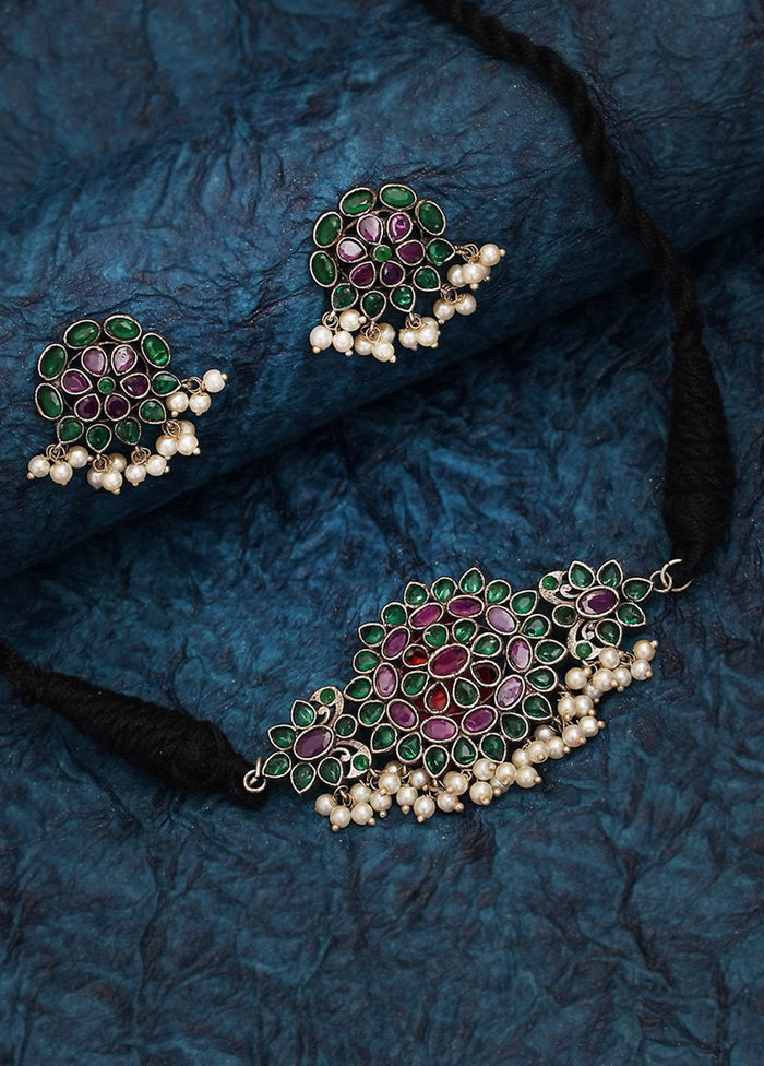 Silver Tone Brass Set Of Necklace and Earrings - Indian Silk House Agencies