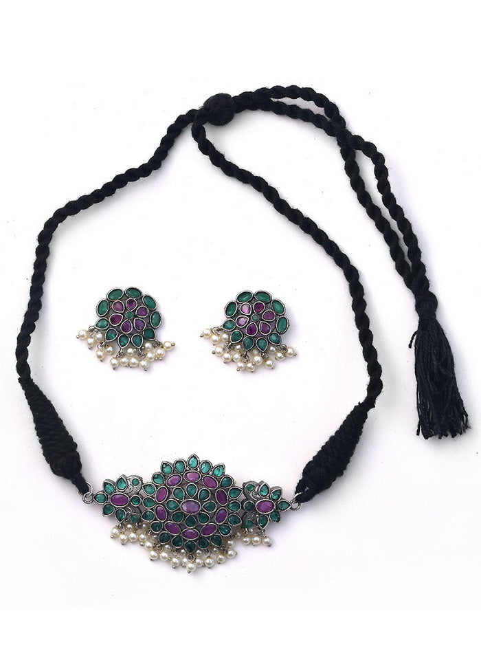 Silver Tone Brass Set Of Necklace and Earrings - Indian Silk House Agencies