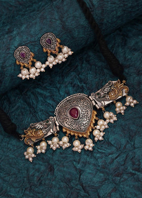 Dual Tone Brass Set Of Necklace and Earrings - Indian Silk House Agencies