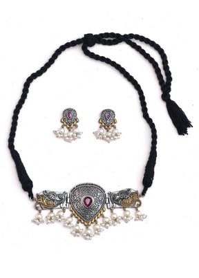 Dual Tone Brass Set Of Necklace and Earrings - Indian Silk House Agencies