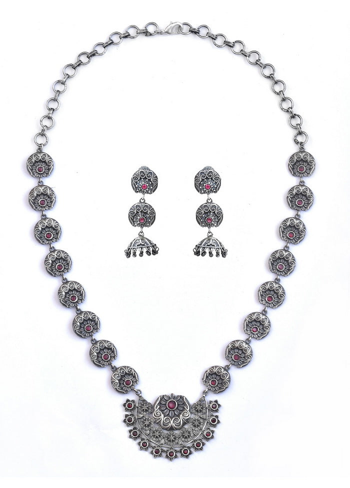 Silver Tone Brass Set Of Necklace and Earrings - Indian Silk House Agencies