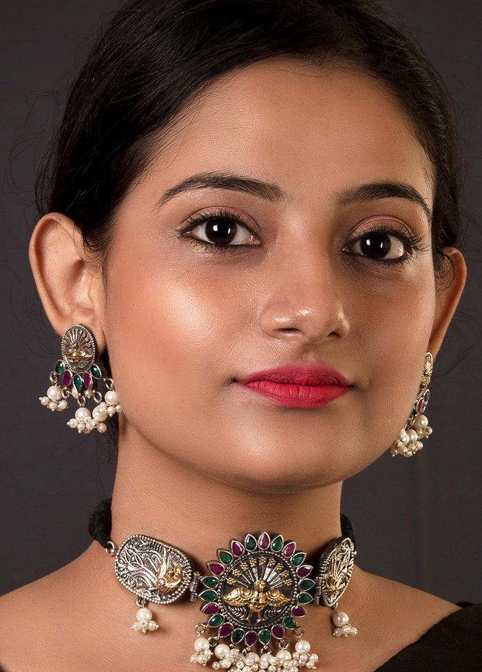 Dual Tone Brass Set Of Necklace and Earrings - Indian Silk House Agencies