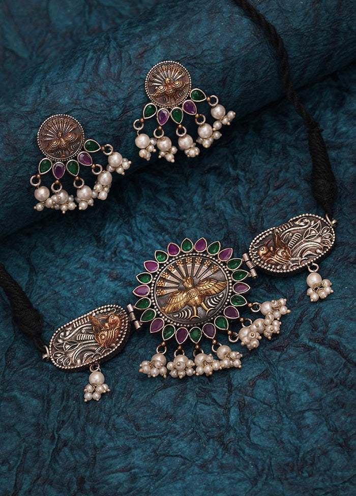 Dual Tone Brass Set Of Necklace and Earrings - Indian Silk House Agencies