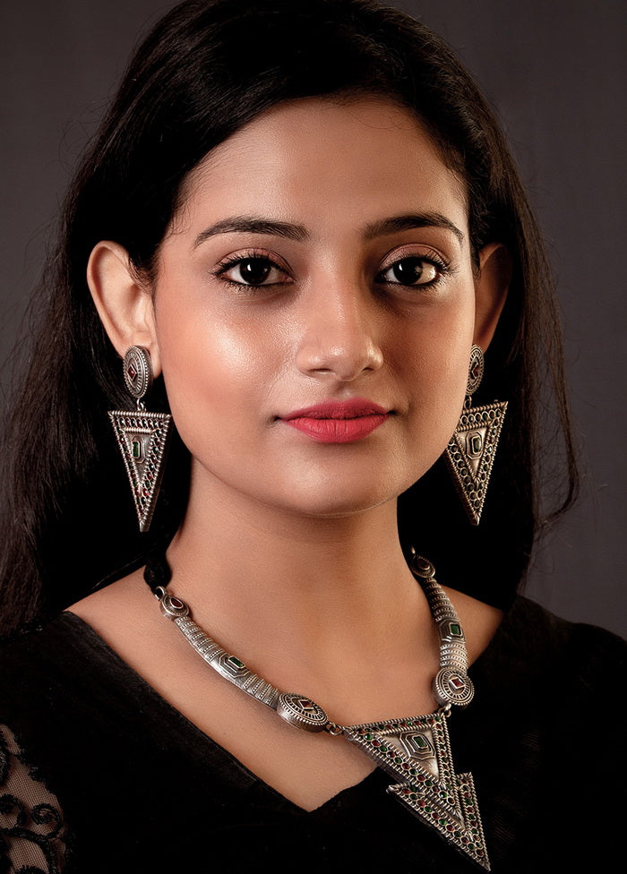 Silver Tone Brass Set Of Necklace and Earrings - Indian Silk House Agencies