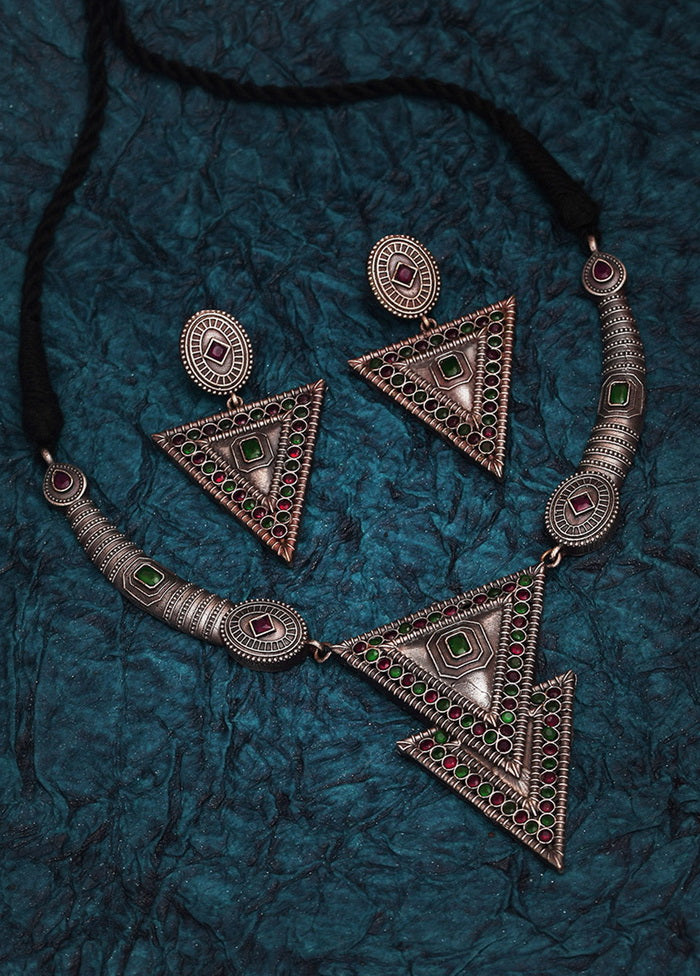 Silver Tone Brass Set Of Necklace and Earrings - Indian Silk House Agencies