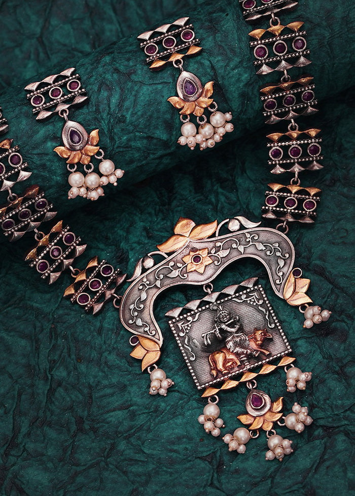 Silver Tone Brass Set Of Necklace and Earrings - Indian Silk House Agencies