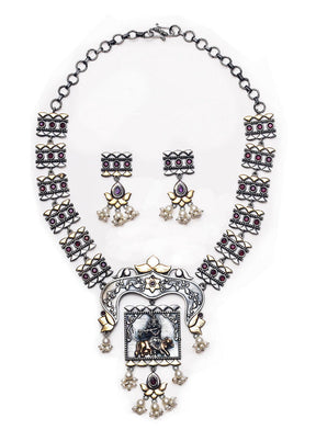 Silver Tone Brass Set Of Necklace and Earrings - Indian Silk House Agencies