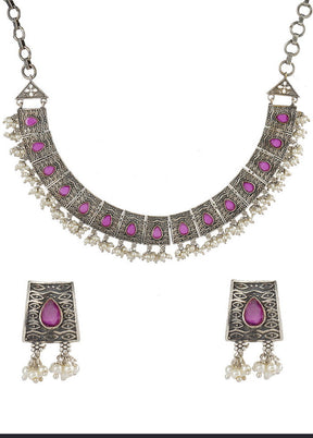 Silver Tone Brass Set Of Necklace and Earrings - Indian Silk House Agencies