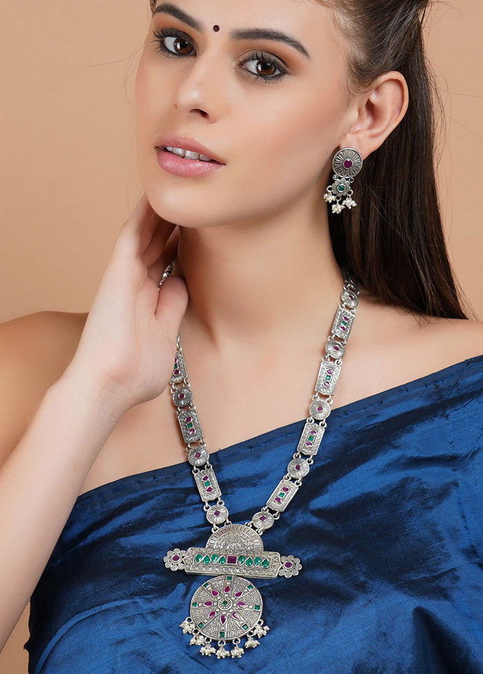 Silver Tone Brass Set Of Necklace and Earrings - Indian Silk House Agencies