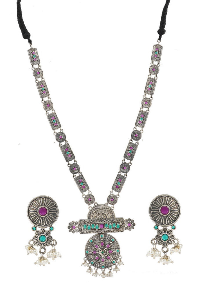 Silver Tone Brass Set Of Necklace and Earrings - Indian Silk House Agencies