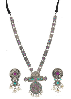 Silver Tone Brass Set Of Necklace and Earrings - Indian Silk House Agencies