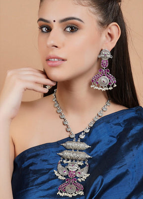 Silver Tone Brass Set Of Necklace and Earrings - Indian Silk House Agencies