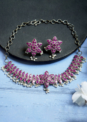 Handcrafted Silver Tone Brass Set Of Necklace And Earrings - Indian Silk House Agencies