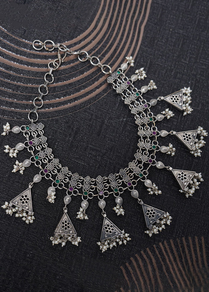 Handcrafted Silver Tone Brass Necklace - Indian Silk House Agencies