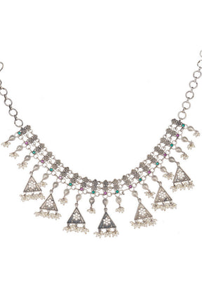 Handcrafted Silver Tone Brass Necklace - Indian Silk House Agencies