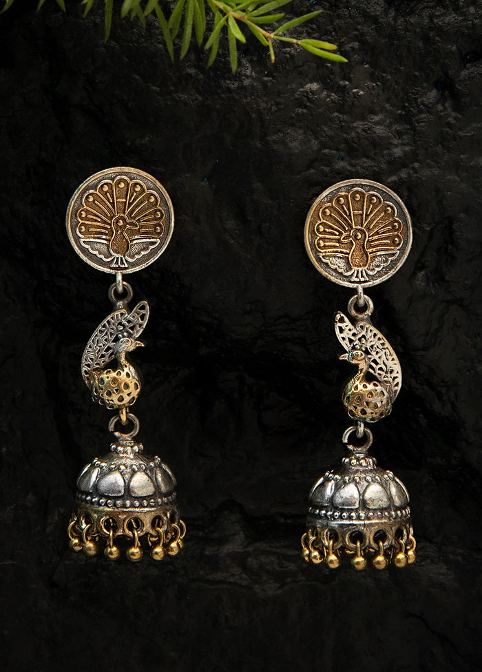 Peacock Design Dual Tone Brass Jhumka - Indian Silk House Agencies