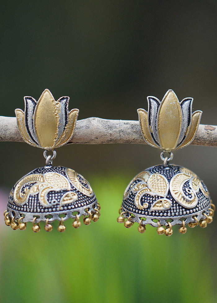 Lotuc Pattern Dual Tone Brass Jhumka - Indian Silk House Agencies