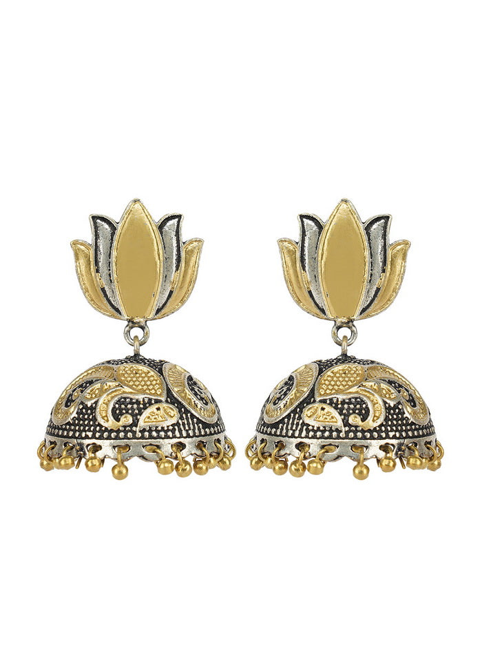 Lotuc Pattern Dual Tone Brass Jhumka - Indian Silk House Agencies