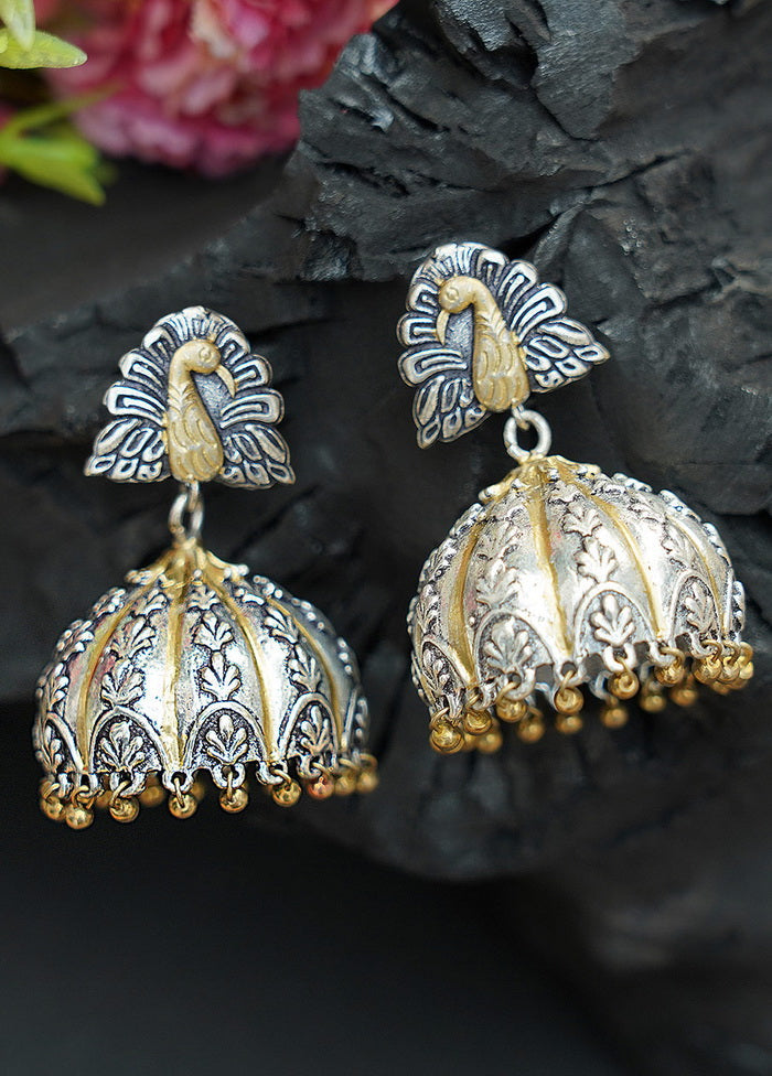 Peacock Pattern Dual Tone Brass Jhumka - Indian Silk House Agencies