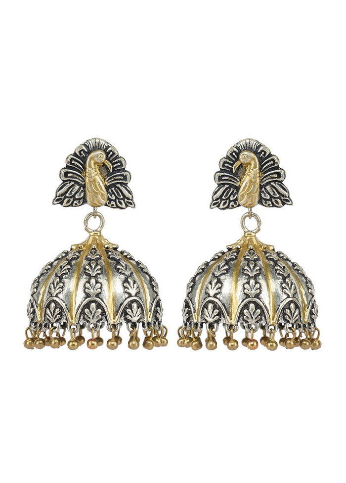 Peacock Pattern Dual Tone Brass Jhumka - Indian Silk House Agencies