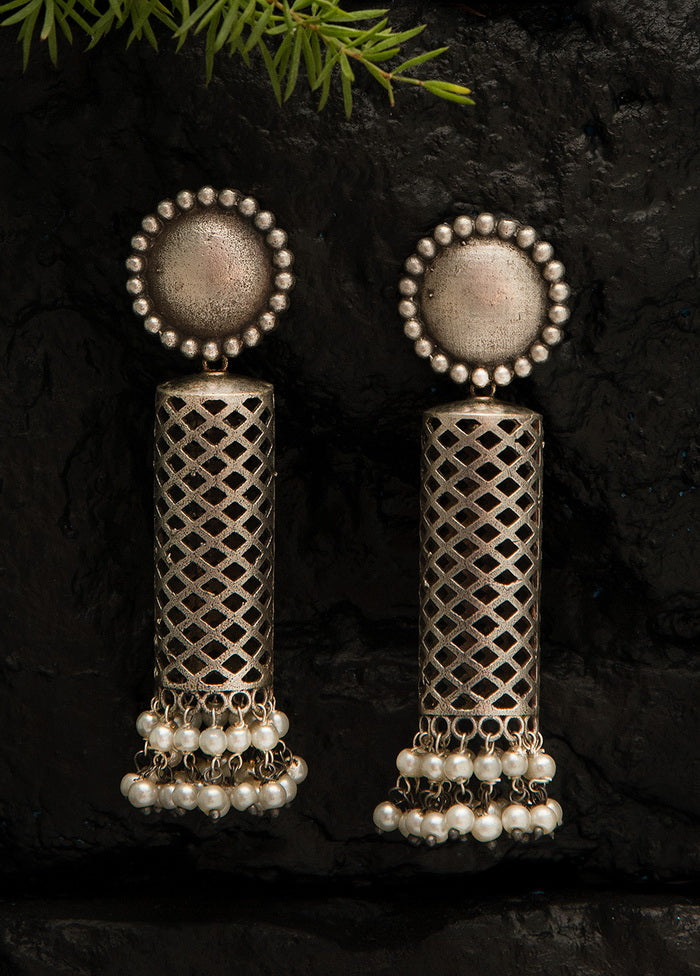 White Beaded Silver Tone Brass Earrings - Indian Silk House Agencies