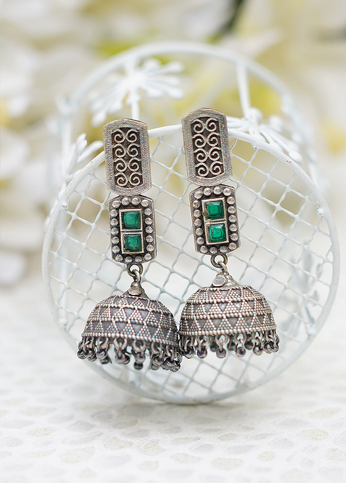 Green Handcrafted Silver Tone Brass Jhumki - Indian Silk House Agencies