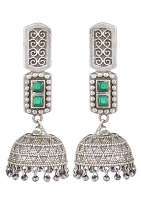 Green Handcrafted Silver Tone Brass Jhumki - Indian Silk House Agencies