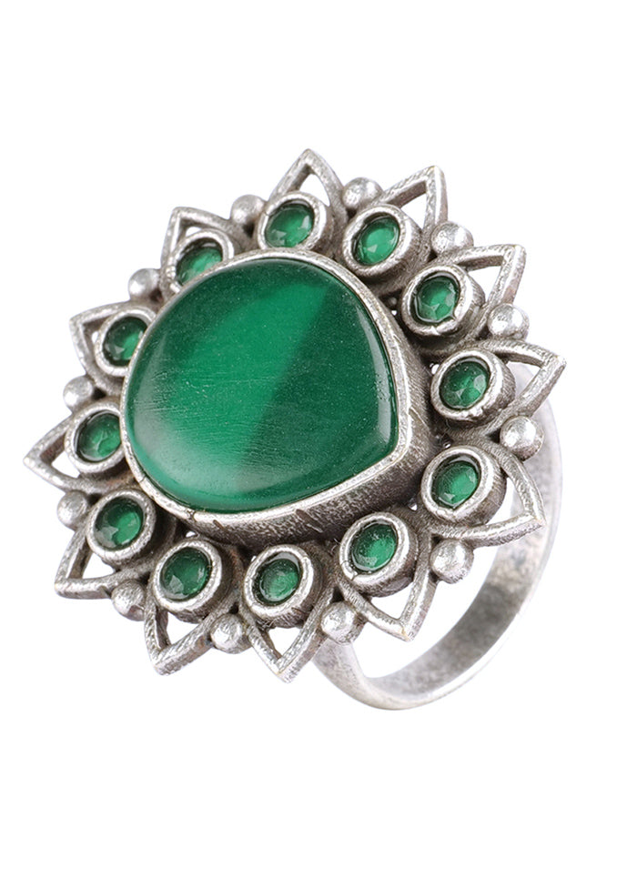 Green Silver Tone Tribal Brass Adjustable Ring - Indian Silk House Agencies