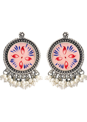 Pink Handcrafted Silver Tone Hand Painted Brass Earring - Indian Silk House Agencies