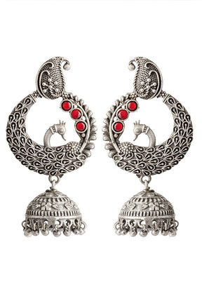 Red Handcrafted Silver Tone Brass Peacock Jhumki - Indian Silk House Agencies