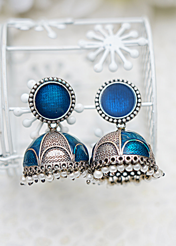 Blue Handcrafted Silver Tone Brass Hand Painted Enamel Jhumki - Indian Silk House Agencies